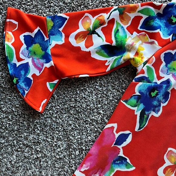 ILE New York Red Floral Midi Dress Womens 14 Bell Sleeves Tropical Whimsical - Picture 3 of 8